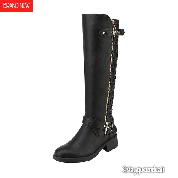 Wide Calf Knee High Riding Boots Low Heel Faux Fur Lined Women's Shoes